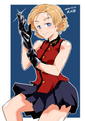 Rule 34 | 1girl, absurdres, adapted costume, artist name, black bow, black gloves, black skirt, blue background, blue eyes, bow, braid, bright pupils, closed mouth, commentary, cowboy shot, dated, girls und panzer, glove pull, gloves, hair bow, half-closed eyes, highres, insignia, jacket, leg up, looking at viewer, military, military uniform, miniskirt, orange hair, orange pekoe (girls und panzer), outline, outside border, parted bangs, pleated skirt, red jacket, shinkuukan (tetsuo3), short hair, skirt, sleeveless, sleeveless jacket, smirk, solo, sparkle, st. gloriana&#039;s military uniform, standing, twin braids, uniform, white outline, white pupils