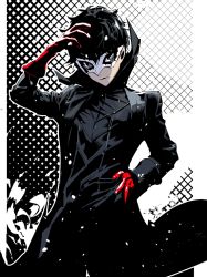 Rule 34 | 1boy, amamiya ren, black eyes, black hair, black jacket, closed mouth, cofffee, eye mask, gloves, hand on own hip, hand on own head, high collar, jacket, long sleeves, looking at viewer, male focus, mask, masked, messy hair, persona, persona 5, red gloves, short hair, solo, white mask