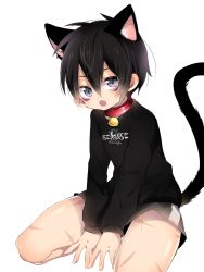Rule 34 | 1boy, animal ears, bell, black hair, cat ears, cat tail, collar, facial mark, fang, highres, looking at viewer, male focus, neck bell, one-punch man, onsoku no sonic, open mouth, purple eyes, scar, seitarou, shorts, simple background, solo, tail, white background