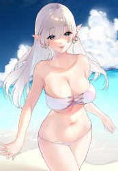 Rule 34 | 1girl, bare shoulders, beach, bikini, blue eyes, blue sky, blush, breasts, cleavage, collarbone, commentary request, earrings, elf, highres, jewelry, large breasts, long hair, looking at viewer, navel, original, pointy ears, shore, sino42, sky, smile, solo, strapless, strapless bikini, swimsuit, thighs, tongue, tongue out, white hair