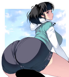Rule 34 | 1girl, arched back, ass, black hair, breasts, brown eyes, cloud, cloudy sky, comicstudio, commentary request, highres, hood, hoodie, kouno (masao), large breasts, looking at viewer, looking back, original, pantylines, photoshop (medium), short hair, sky, solo, thick thighs, thighs