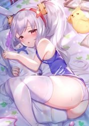 Rule 34 | 1girl, :o, animal, animal ears, ass, azur lane, bare arms, bare shoulders, bed sheet, bird, body pillow, camisole, chick, cup, drinking glass, egg vibrator, feet out of frame, full body, hair ornament, hairband, laffey (azur lane), lying, manjuu (azur lane), hugging object, on side, panties, parted lips, pillow, pillow hug, plate, pussy juice, rabbit ears, red hairband, saliva, sex toy, silver hair, solo, strap slip, thighhighs, tongue, tongue out, tray, tsukiman, twintails, underwear, vibrator, white camisole, white panties, white thighhighs