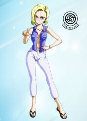 Rule 34 | 1girl, android, android 18, blonde hair, blue eyes, blush, blush stickers, breasts, cleavage, dragon ball, dragonball z, earrings, feet, flip-flops, jewelry, navel, no shirt, open clothes, open vest, pants, sandals, short hair, simple background, toenails, toes, vest, watermark, white pants
