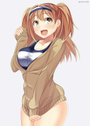 Rule 34 | 10s, 1girl, adapted costume, bad id, bad pixiv id, breasts, brown eyes, cardigan, grey background, hairband, i-26 (kancolle), kankitsunabe (citrus), kantai collection, large breasts, light brown hair, long hair, long sleeves, new school swimsuit, one-piece swimsuit, open mouth, school swimsuit, sleeves past wrists, smile, solo, swimsuit, swimsuit under clothes, twitter username, two-tone hairband, two side up