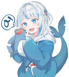 Rule 34 | 1girl, a (phrase), animal costume, blue eyes, blue hair, blue hoodie, blunt bangs, commentary request, doll, fins, fish tail, gawr gura, gawr gura (1st costume), grey hair, hair ornament, highres, holding, holding doll, hololive, hololive english, hood, hoodie, long sleeves, medium hair, multicolored hair, paragasu (parags112), shark costume, shark girl, shark hair ornament, shark tail, sharp teeth, sleeves past fingers, sleeves past wrists, solo, speech bubble, spoken letter, streaked hair, stuffed toy, tail, teeth, two side up, upper body, virtual youtuber, wide sleeves