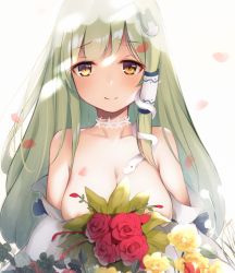 Rule 34 | 1girl, absurdres, blush, bouquet, breasts, bride, brown eyes, choker, commentary request, detached sleeves, flower, frog hair ornament, green hair, hair ornament, hair tubes, highres, kochiya sanae, large breasts, leaf, long hair, long sleeves, looking at viewer, muyue, nude, petals, red flower, red rose, rose, sidelocks, simple background, smile, snake hair ornament, solo, touhou, upper body, veil, white background, white choker, wide sleeves, yellow flower