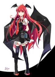 Rule 34 | 1girl, 2015, amano kenpi, bad id, bad twitter id, bat wings, black gloves, black thighhighs, book, character name, dated, full body, gloves, head wings, koakuma, long hair, necktie, puffy sleeves, red eyes, red hair, shirt, shoes, short sleeves, skirt, skirt set, smile, solo, thighhighs, touhou, twitter username, vest, wings, zettai ryouiki
