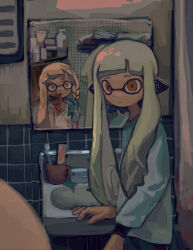 Rule 34 | 2girls, agent 3 (splatoon), agent 3 (splatoon 3), bathroom, blonde hair, blood, blood on face, braid, cup, dr mice, female focus, gloves, green hair, highres, indoors, inkling, inkling girl, inkling player character, looking at another, mirror, multiple girls, nintendo, nosebleed, red eyes, reflection, shelf, side braid, single braid, sink, splatoon (series), splatoon 3, tank top, tentacle hair, tile wall, tiles, white tank top