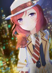 Rule 34 | 1girl, artist name, artist request, back bow, bare shoulders, blush, bow, breasts, checkered gloves, city, city lights, collared shirt, dress, elbow gloves, female focus, gloves, hair between eyes, hat, jacket, looking at viewer, love live!, love live! school idol festival, love live! school idol festival after school activity, love live! school idol project, necktie, night, night sky, nishikino maki, outdoors, parted lips, pointing, pointing at viewer, purple eyes, red bow, red gloves, red hair, red necktie, shirt, short hair, sky, small breasts, smile, solo, sparkle, striped, striped necktie, white bow, white hat, white jacket, white shirt