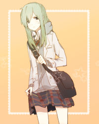 Rule 34 | bad id, bad pixiv id, bag, bow, bowtie, green hair, holding, holding clothes, holding skirt, jacket, kagerou project, kido tsubomi, long hair, looking at viewer, shishidodo, skirt, solo