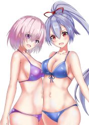 Rule 34 | 2girls, :d, alternate costume, bikini, blue bikini, blush, breast press, breasts, cleavage, collarbone, commentary request, eyes visible through hair, fate/grand order, fate (series), front-tie bikini top, front-tie top, hair between eyes, hair over one eye, hair ribbon, head tilt, large breasts, long hair, looking at viewer, mash kyrielight, multiple girls, navel, open mouth, ponytail, purple bikini, purple eyes, purple hair, red eyes, red ribbon, ribbon, ryuunonon, short hair, silver hair, simple background, smile, swimsuit, tomoe gozen (fate), very long hair, white background