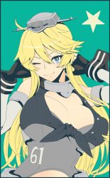 Rule 34 | 10s, 1girl, akaneyu akiiro, bare shoulders, blonde hair, blue eyes, blush, breasts, cleavage, female focus, fingerless gloves, flat color, gloves, iowa (kancolle), kantai collection, large breasts, long hair, looking at viewer, one eye closed, simple background, smile, solo, star-shaped pupils, star (symbol), symbol-shaped pupils, upper body