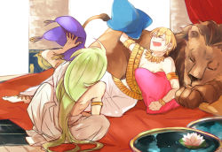 Rule 34 | 2boys, armlet, bad id, bad pixiv id, blonde hair, bracelet, earrings, enkidu (fate), fate/strange fake, fate/zero, fate (series), flower, gilgamesh (fate), green hair, jewelry, lily pad, lion, long hair, lotus, male focus, multiple boys, necklace, pillow, robe, rum3307, toga