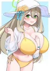 Rule 34 | 1girl, :d, akitokage, arm between breasts, between breasts, bikini, blue archive, blue ribbon, blush, bracelet, breasts, flower, green eyes, hat, hat flower, hat ribbon, highres, huge breasts, jacket, jewelry, light brown hair, long hair, looking at viewer, nonomi (blue archive), nonomi (swimsuit) (blue archive), open mouth, ribbon, see-through, see-through jacket, side-tie bikini bottom, smile, solo, sun hat, swimsuit, white hat, yellow bikini