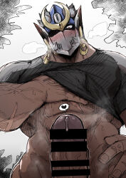 Rule 34 | 1boy, absurdres, alternate costume, bar censor, bara, black shirt, blush, bottomless, breath, censored, clothes lift, cowboy shot, cross scar, dark-skinned male, dark skin, earrings, erection, from below, heart, helmet, highres, jewelry, large pectorals, large penis, lifting own clothes, looking at viewer, male focus, muscular, muscular male, naked shirt, naughty face, nemu (nora), one eye closed, pectorals, penis, precum, scar, scar on arm, shirt, shirt lift, shiva (housamo), solo, spoken heart, steaming body, sweat, tokyo houkago summoners, veins, veiny penis