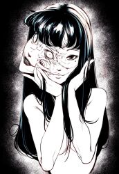 Rule 34 | 1girl, black hair, body horror, breasts, character request, commentary, english commentary, greyscale, hand on own face, highres, horror (theme), junji ito collection, long hair, medium breasts, mole, mole under eye, monochrome, obj shep, tomie, too many eyes, topless