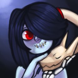 Rule 34 | 1girl, bare shoulders, blue skin, bogoro, colored skin, hair over one eye, headpat, leviathan (skullgirls), long hair, lowres, portrait, red eyes, side ponytail, skullgirls, smile, solo, squigly (skullgirls), stitched mouth, stitches, zombie
