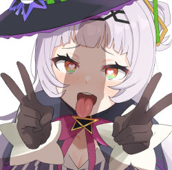 Rule 34 | 1girl, :d, black gloves, blush, brown eyes, double v, gloves, hair ornament, hairband, hat, heart, heart-shaped pupils, highres, hololive, looking at viewer, mitarashinejiri, murasaki shion, murasaki shion (1st costume), open mouth, penis shadow, purple hair, simple background, smile, solo, symbol-shaped pupils, teeth, tongue, tongue out, v, virtual youtuber, white background, witch hat
