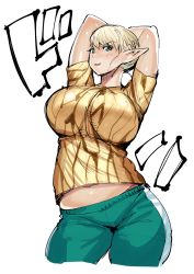 Rule 34 | 1girl, aqua eyes, arms up, bad id, bad tumblr id, belly, blonde hair, blush, breasts, elf-san wa yaserarenai., erufuda-san, highres, large breasts, looking at viewer, midriff, midriff peek, parted lips, plump, pointy ears, short hair, simple background, solo, synecdoche, translation request, white background