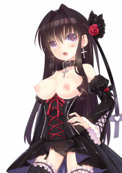 Rule 34 | 1girl, bad id, bad pixiv id, black hair, blush, breasts, choker, corset, cross, detached sleeves, earrings, flower, garter straps, hair flower, hair ornament, hand on own hip, heart, heart-shaped pupils, highres, jewelry, long hair, mvv, necklace, nipples, open mouth, original, panties, purple eyes, rancy, simple background, solo, symbol-shaped pupils, topless, underwear, white background