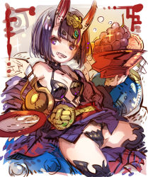 Rule 34 | 1girl, :d, alcohol, bare shoulders, black thighhighs, blush, bob cut, breasts, collarbone, commentary request, cup, fang, fate/grand order, fate (series), food, fruit, grapes, haku (sabosoda), head tilt, headpiece, holding, horns, japanese clothes, kimono, obi, off shoulder, oni, open mouth, purple eyes, purple hair, purple kimono, revealing clothes, sakazuki, sake, sash, short eyebrows, short hair, shuten douji (fate), skin-covered horns, small breasts, smile, solo, thick eyebrows, thighhighs