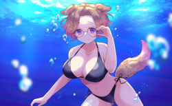 Rule 34 | 1girl, air bubble, animal ears, bare arms, bare shoulders, bikini, black-framed eyewear, black bikini, blurry, blurry background, blush, breasts, brown hair, bubble, character name, cleavage, closed mouth, collarbone, day, depth of field, dog ears, dog girl, dog tail, glasses, gucchiann, hair ornament, hairclip, hand up, highres, indie virtual youtuber, looking at viewer, medium breasts, navel, outdoors, parted bangs, purple eyes, short hair, side-tie bikini bottom, smile, solo, swimsuit, tail, underwater, virtual youtuber, water