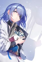Rule 34 | 1girl, arm wrap, binder, bird, blue hair, blue ribbon, book, dated, grey eyes, hecate (path to nowhere), highres, ho-cki, holding, holding book, jacket, long hair, parted lips, path to nowhere, ribbon, shadow, solo, white jacket