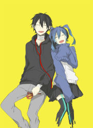 Rule 34 | 1boy, 1girl, asahimachi, bandages, black hair, blue hair, boxcutter, closed eyes, collared jacket, ene (kagerou project), headphones, holding boxcutter, jacket, kagerou project, kisaragi shintarou, long hair, rope, scissors, short hair, smile, twintails