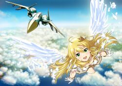 Rule 34 | 1girl, ace combat, ace combat 7, adfx-02 morgan, ahoge, aircraft, airplane, angel wings, blonde hair, blue sky, breasts, cleavage, cloud, cloudy sky, commentary, crossover, dot nose, dress, feathers, fighter jet, flying, gloves, green eyes, hair ornament, highres, hoshii miki, idolmaster, idolmaster (classic), jet, long hair, looking ahead, me88228978, military, military vehicle, open mouth, puffy short sleeves, puffy sleeves, short sleeves, sky, small breasts, smile, upper body, white dress, white gloves, wings