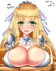 Rule 34 | 1girl, 2017, blonde hair, blush, breast rest, breasts, bursting breasts, cendrillion (wonderland wars), cleavage, dated, flying sweatdrops, green eyes, highres, huge breasts, long hair, looking at viewer, open mouth, simple background, solo, wavy mouth, white background, wonderland wars, ziran