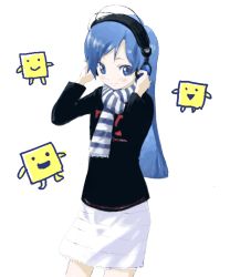 Rule 34 | 00s, 1girl, blue eyes, blue hair, headphones, idolmaster, idolmaster (classic), idolmaster 1, kisaragi chihaya, matching hair/eyes, scarf, solo, striped clothes, striped scarf, yukipone