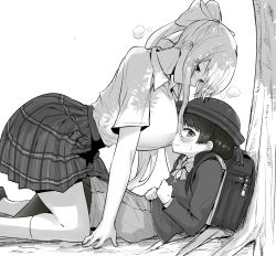 Rule 34 | 2girls, against tree, age difference, aged down, all fours, backpack, bag, blush, breasts, closed mouth, collared shirt, eyes visible through hair, from side, greyscale, hair ornament, hair over shoulder, hair ribbon, hairclip, hat, heavy breathing, higuchi kaede, higuchi kaede (1st costume), holding strap, large breasts, long hair, long sleeves, looking at another, looking to the side, miniskirt, monochrome, multiple girls, nijisanji, onee-loli, outdoors, pantyhose, plaid, plaid skirt, pleated skirt, ponytail, randoseru, ribbon, ricochet-gou, school hat, school uniform, shirt, short sleeves, short twintails, sidelocks, sitting, skirt, tree, tsukino mito, tsukino mito (11th costume), twintails, very long hair, virtual youtuber, wavy mouth, you gonna get raped, yuri