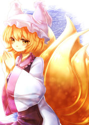 Rule 34 | 1girl, blonde hair, dress, fox tail, hat, multiple tails, own hands together, short hair, smile, tabard, tail, touhou, wide sleeves, yakumo ran, yellow eyes, yuya (night lily)