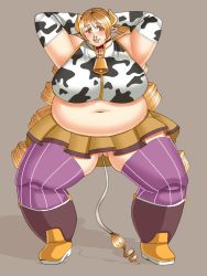Rule 34 | 10s, 1girl, bell, belly, blonde hair, breasts, collar, cow girl, cow tail, drill hair, fat, highres, horns, huge breasts, mahou shoujo madoka magica, navel, nose piercing, nose ring, piercing, sakumatyann, solo, tail, tomoe mami, twin drills, yellow eyes