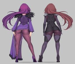 2girls ass aster_crowley back bodysuit breasts cameltoe dress fate_(series) full_body grey_background highres large_breasts legs long_hair multiple_girls pantyhose pauldrons purple_bodysuit purple_dress purple_hair scathach_(fate) scathach_(fate) scathach_skadi_(fate) shoulder_armor simple_background thighs