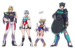 Rule 34 | 4girls, aqua eyes, black hair, blue eyes, breasts, cleavage, clenched hand, clenched hands, core gundam ii, covered navel, ex-valkylander, fingerless gloves, gloves, green eyes, gundam, gundam aegis knight, gundam build divers, gundam build divers re:rise, hand on own hip, height difference, highres, looking to the side, medium breasts, multiple girls, muscular, muscular female, personification, ryuusei (mark ii), short hair, standing, v-fin, white background, white hair, wodom pod, yellow eyes