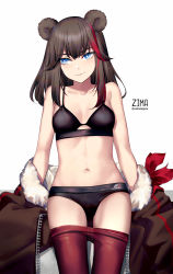 Rule 34 | 1girl, animal ears, arknights, bear ears, black bra, black panties, blue eyes, blush, bra, breasts, bright pupils, brown hair, character name, cleavage, closed mouth, clothes pull, coat, unworn coat, collarbone, commentary, cowboy shot, fur-trimmed coat, fur trim, highres, long hair, looking away, looking to the side, medium breasts, multicolored hair, navel, panties, pantyhose, pantyhose pull, purple pantyhose, red hair, sidelocks, simple background, solo, stomach, streaked hair, symbol-only commentary, two-tone hair, underwear, unzipped, wakamepiza, white background, zima (arknights)