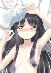 Rule 34 | armpits, black hair, blush, breasts, brown eyes, hair censor, hair over breasts, highres, houraisan kaguya, ice pack, long hair, looking at viewer, lying, nude, on back, parted lips, small breasts, solo, touhou, usagi koushaku