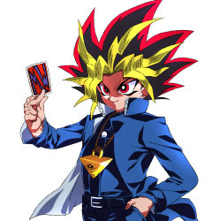 Rule 34 | 1boy, belt, black hair, blonde hair, blue jacket, card, domino high school uniform, evil smile, hand in pocket, highres, holding, holding card, jacket, jewelry, long sleeves, male focus, millennium puzzle, multicolored hair, necklace, pants, red eyes, red hair, rom (20), school uniform, simple background, smile, solo, upper body, white background, yami yugi, yu-gi-oh!, yu-gi-oh! (toei)