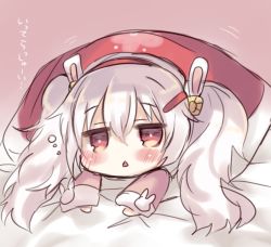 Rule 34 | 1girl, azur lane, blush, hair between eyes, hair ornament, hairclip, jitome, laffey (azur lane), looking at viewer, lying, motion lines, on stomach, purple eyes, solo, suzunone rena, translated, triangle mouth, twintails, under covers, white hair