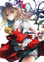 Rule 34 | 1girl, artist name, blonde hair, bloomers, commentary, cowboy shot, crystal, flandre scarlet, frilled shirt collar, frills, hat, hat ribbon, highres, long hair, looking at viewer, midriff, mob cap, pointy ears, puffy short sleeves, puffy sleeves, red eyes, red ribbon, red skirt, red vest, ribbon, sakusyo, shirt, short sleeves, signature, simple background, skirt, skirt set, solo, standing, touhou, underwear, vest, white background, white hat, white shirt, wings, wrist cuffs