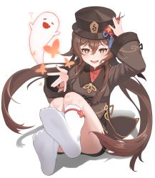 Rule 34 | 1girl, absurdres, black nails, blush, brown hair, brown jacket, bug, butterfly, chinese clothes, fang, flower, full body, genshin impact, ghost, hair between eyes, hat, hat flower, highres, hu tao (genshin impact), insect, jacket, legs, long hair, nail polish, neil (neil nim), no shoes, open mouth, porkpie hat, red eyes, shorts, sidelocks, simple background, sitting, smile, socks, solo, symbol-shaped pupils, thighs, twintails, very long hair, white background, white socks