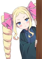 Rule 34 | 1girl, :&lt;, alternate costume, artist name, beatrice (re:zero), blonde hair, blue eyes, blue robe, blush, closed mouth, commentary request, drill hair, hair ribbon, leaning to the side, long hair, long sleeves, looking at viewer, pink pupils, pink ribbon, re:zero kara hajimeru isekai seikatsu, ribbon, robe, s (hdru2332), solo, symbol-shaped pupils, white background, wide sleeves