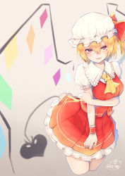 Rule 34 | 1girl, arm grab, ascot, blonde hair, bow, breast hold, breasts, chita (ketchup), cropped legs, crystal, flandre scarlet, gradient background, hair between eyes, hat, hat bow, hat ribbon, highres, laevatein, looking at viewer, mob cap, parted lips, puffy short sleeves, puffy sleeves, red eyes, ribbon, short sleeves, side ponytail, signature, skirt, skirt set, solo, touhou, wings, wrist cuffs