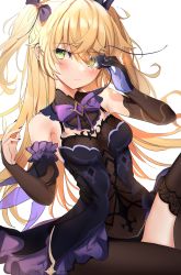 Rule 34 | 1girl, absurdres, bare shoulders, black thighhighs, blonde hair, blush, bodystocking, bow, breasts, dress, eyepatch, unworn eyepatch, fischl (genshin impact), genshin impact, gloves, green eyes, hair over one eye, highres, long hair, looking at viewer, ribbon, single thighhigh, sitting, small breasts, solo, thighhighs, two side up, yanggang