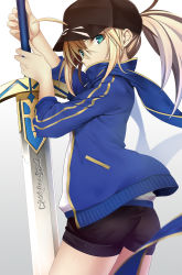 Rule 34 | 1girl, ahoge, artoria pendragon (fate), ass, baseball cap, blonde hair, blue scarf, blurry, cowboy shot, depth of field, excalibur (fate/stay night), fate (series), from side, hat, highres, jacket, long hair, machimura komori, mysterious heroine x (fate), ponytail, revision, rojiura satsuki: chapter heroine sanctuary, scarf, short shorts, shorts, solo, sword, track jacket, weapon