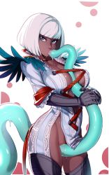 Rule 34 | 1girl, bad id, bad tumblr id, black gloves, blue eyes, blunt bangs, bob cut, breasts, capcom, choker, commentary, consensual tentacles, cowboy shot, dark-skinned female, dark skin, devil may cry (series), dress, elbow gloves, gloria (devil may cry), gloves, grinding, kiss, large breasts, lipstick, looking at viewer, makeup, navel, no bra, no panties, optionaltypo, parted lips, pink lips, red neckwear, short hair, signature, skindentation, solo, standing, tentacles, thighhighs, two-tone background, white background, white dress, white hair