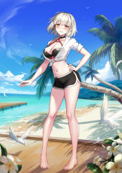 Rule 34 | 1991 (blz), 1girl, alternate costume, barefoot, beach, bikini, bikini under clothes, bird, black bikini, black shorts, blonde hair, blush, boardwalk, breasts, cleavage, clenched teeth, commission, contrapposto, cosplay, dock, dolphin shorts, embarrassed, fate/grand order, fate (series), feathers, flower, forest, hand on own hip, highres, jeanne d&#039;arc (fate), jeanne d&#039;arc alter (fate), jeanne d&#039;arc alter (swimsuit berserker) (fate), jeanne d&#039;arc alter (swimsuit berserker) (fate) (cosplay), nature, navel, ocean, open clothes, open shirt, palm tree, shirt, shore, short hair, shorts, skirt, solo, strap gap, swimsuit, swimsuit under clothes, teeth, thighs, tied shirt, tree, water, white shirt, yellow eyes