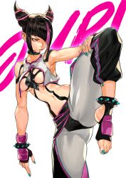 Rule 34 | 1girl, absurdres, ass, black choker, blue nails, breasts, choker, diagonal bangs, feet, fingerless gloves, foot out of frame, gloves, han juri, highres, knee up, looking to the side, medium breasts, midriff, naijarski, nail polish, navel, no shoes, spiked choker, spikes, stirrup legwear, street fighter, street fighter 6, toeless legwear, toenail polish, toenails, toes, twintails