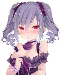 Rule 34 | 1girl, :o, blush, breasts, cleavage, commentary, ascot, detached collar, drill hair, grey hair, highres, idolmaster, idolmaster cinderella girls, kanzaki ranko, karu a miruku, large breasts, looking at viewer, red eyes, simple background, solo, twin drills, twintails, upper body, white background, wrist cuffs